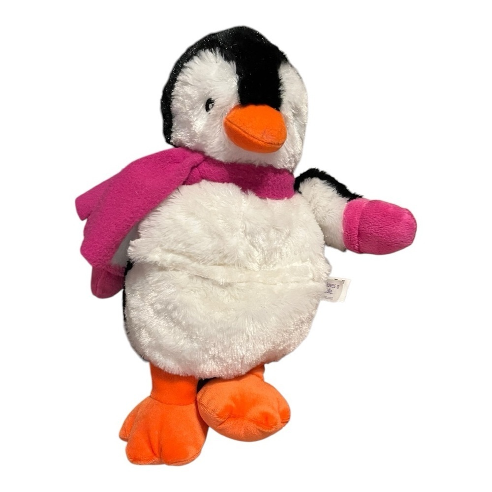 Aroma home cozy cuddles plush penguin pink scarf/mittens pouch heating disc 11”